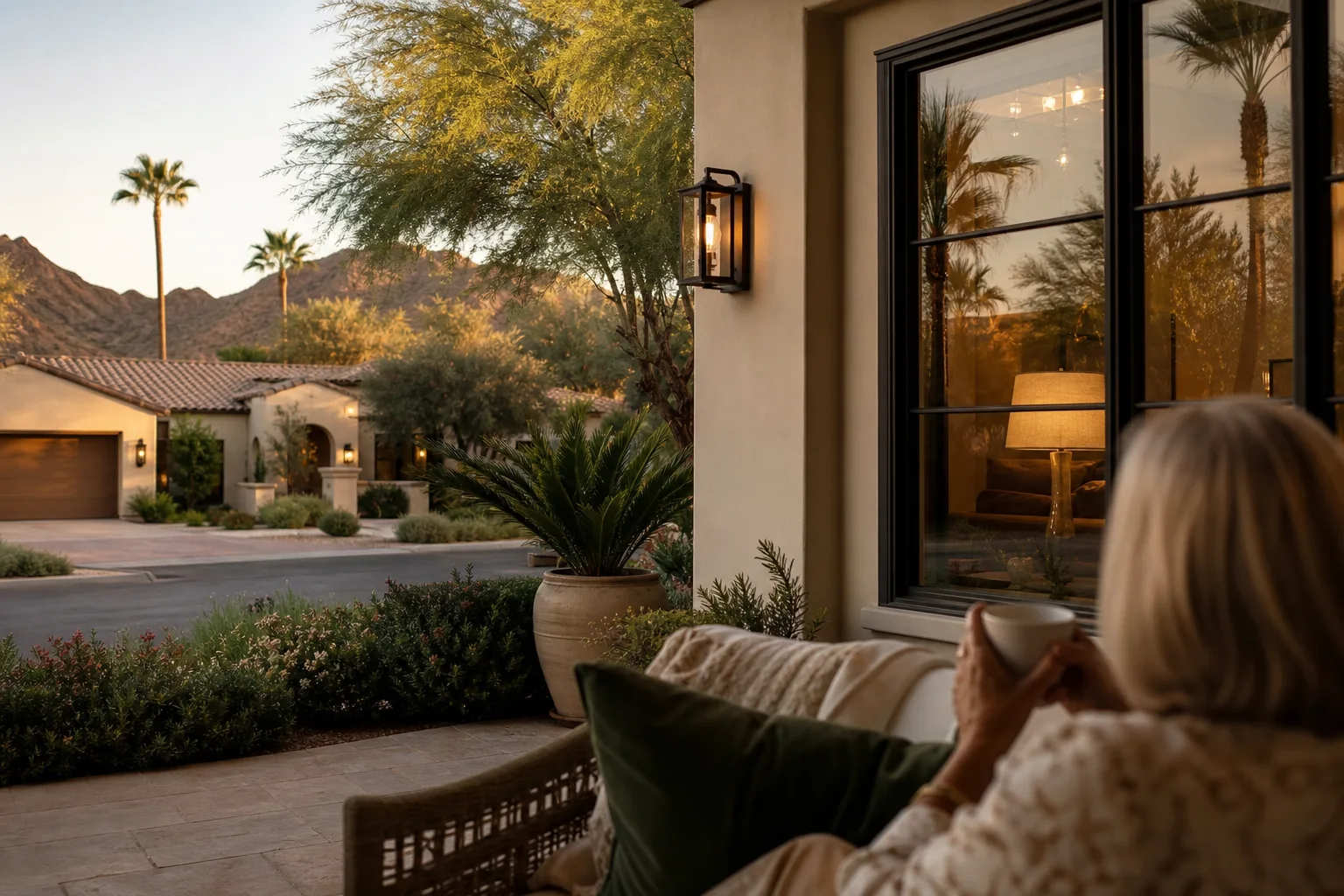 A warm Phoenix desert neighborhood with mature palms at dusk