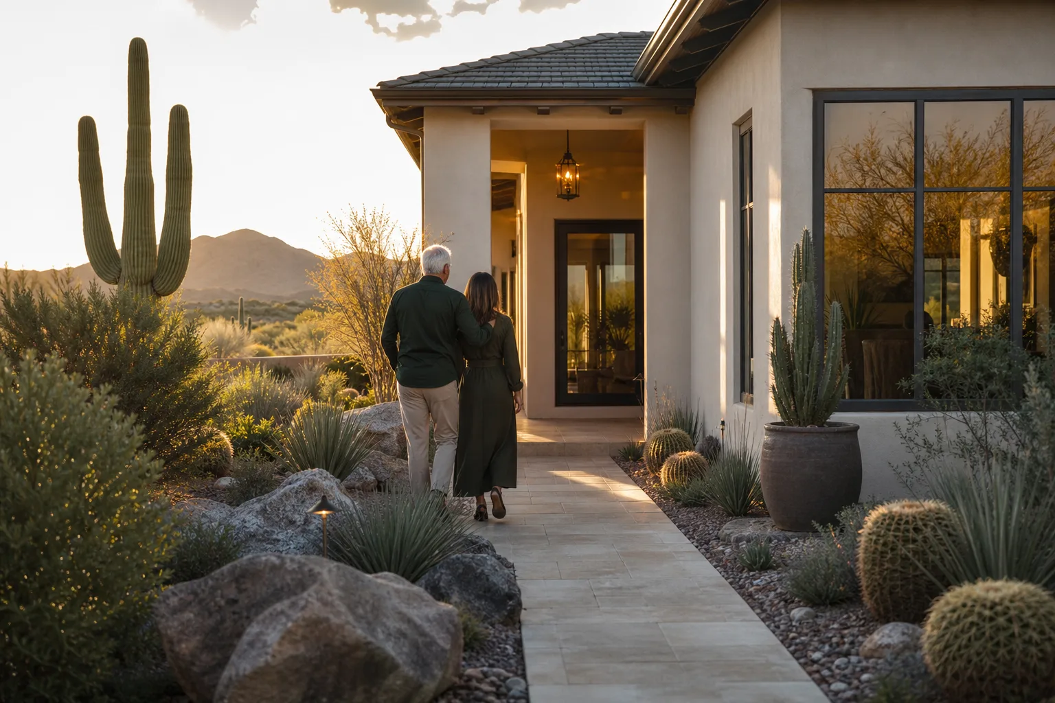 Upscale Scottsdale desert home with saguaro cacti at golden hour